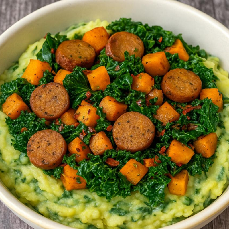 Wirsing/Süßkartoffel mit Kartoffelbrei Tofu-Rostbr