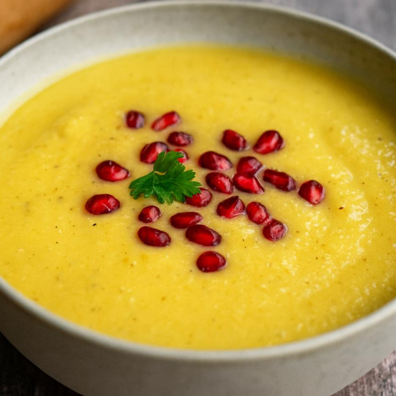 Pastinakensuppe m. Granatapfel-Topping